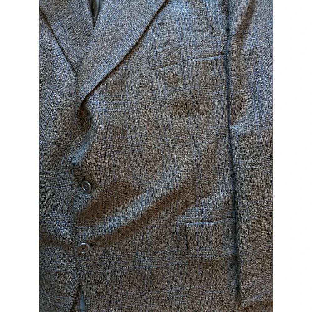 Baskin Mens Wool Sports Coat 46R Olive Glen Plaid USA Vintage 2 Button Blazer